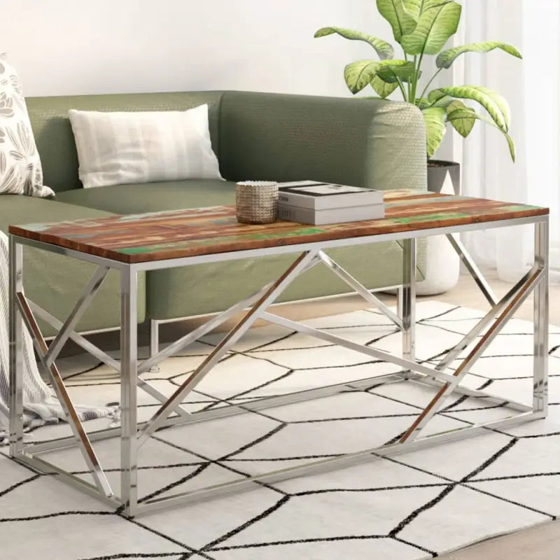 Salontafel van gerecycled hout met roestvrij staal frame - Zilverkleurig en bruin / 1 / Hout - Salontafels