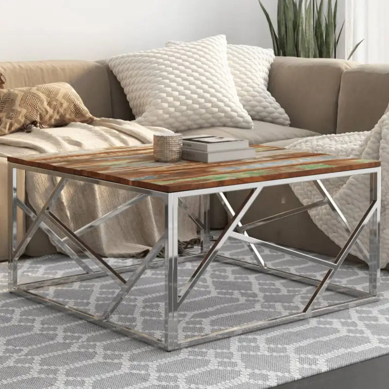 Salontafel van massief bielshout met roestvrij staal accents - Zilverkleurig en bruin / 1 / Hout - Salontafels