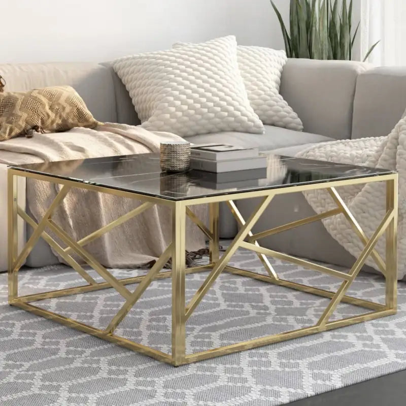 Salontafel van massief bielshout met roestvrij staal accents - Goud en zwart / 1 / Glas - Salontafels