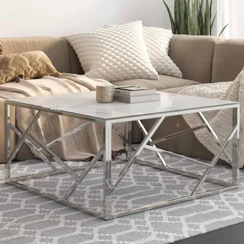 Salontafel van massief bielshout met roestvrij staal accents - Zilver en wit / 1 / Glas - Salontafels
