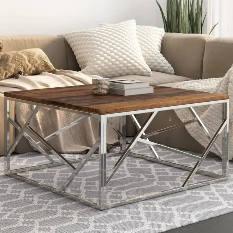 Salontafel van massief bielshout met roestvrij staal accents - Zilver / 1 / Hout - Salontafels