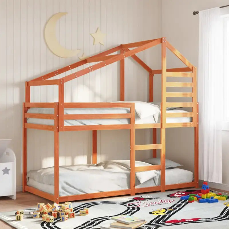 Stapelbed met bedhuis en open zijdeur van massief grenenhout in wit materiaal - Wasbruin / 80 x 200 cm - Bedden &