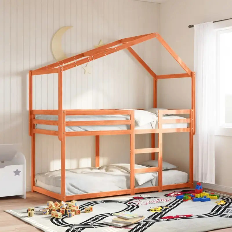 Stapelbed met bedhuis in wit materiaal en massief grenenhout - Wasbruin / 75 x 190 cm - Bedden & bedframes