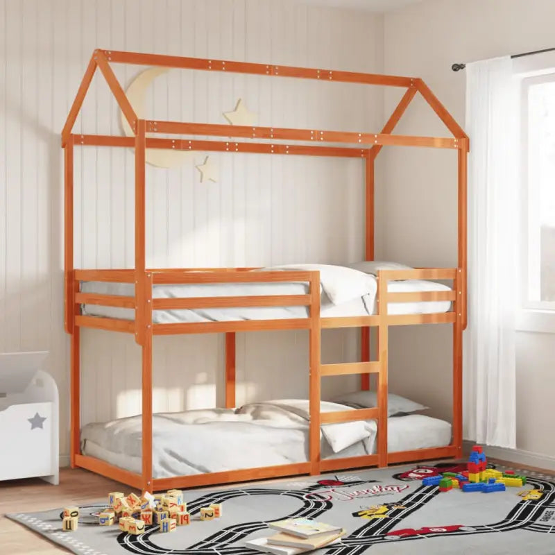 Stapelbed met bedhuis van massief grenenhout en open zijdeur - Wasbruin / 90 x 190 cm - Bedden & bedframes