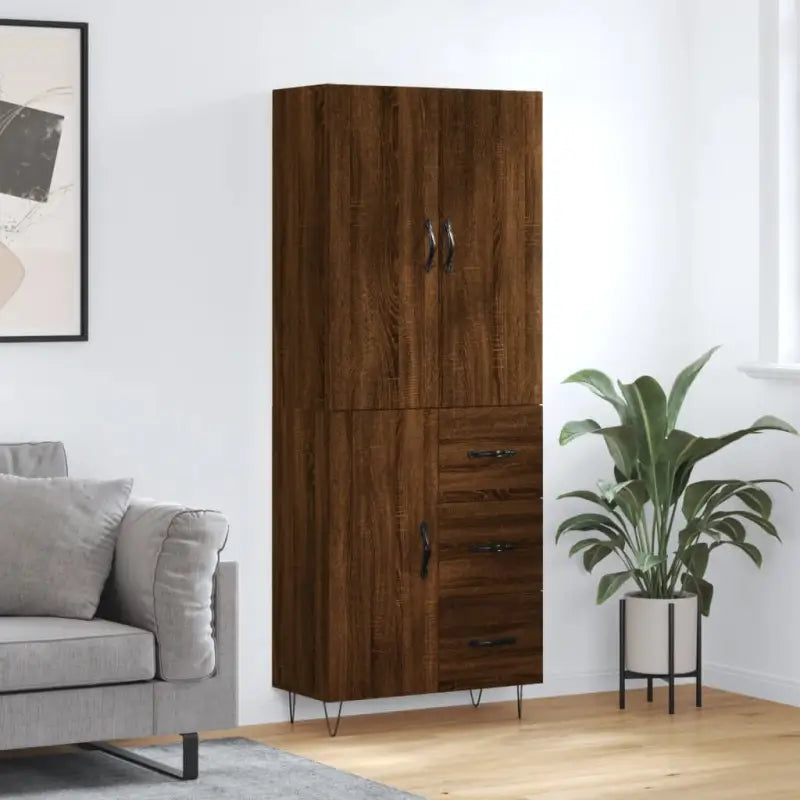 Trendy hoge kast van bewerkt hout met duurzame charme - bruin eikenkleur / 1 / 1 deur 3 lades - Dressoirs & buffetkasten