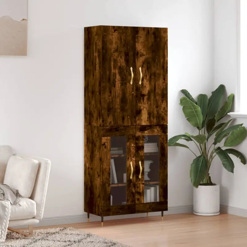 Trendy hoge kast van bewerkt hout met duurzame charme - Gerookt eiken / 1 / 2 glazen deuren - Dressoirs & buffetkasten