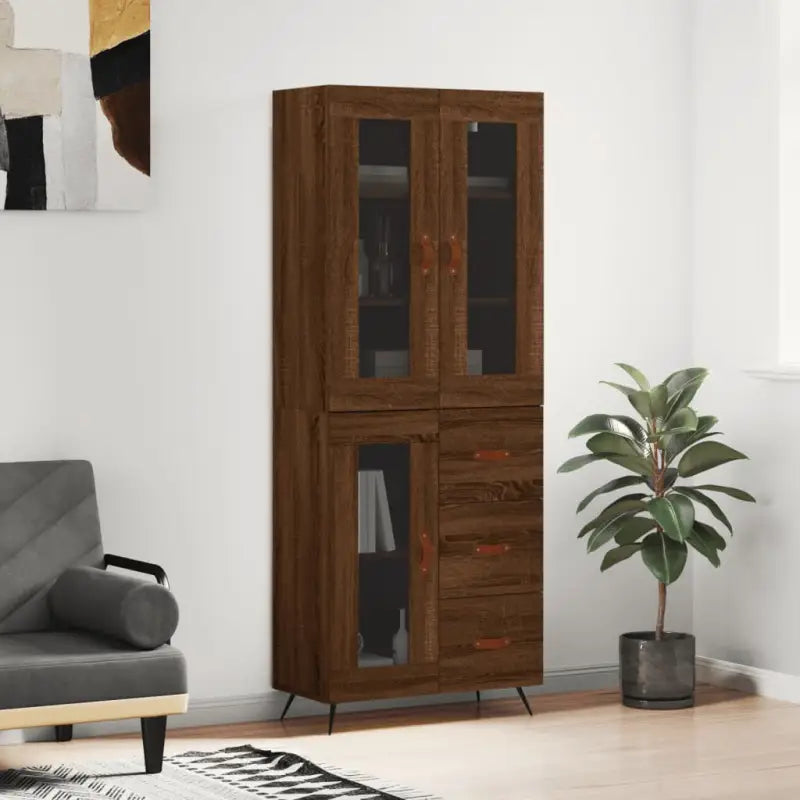 Trendy hoge kast van bewerkt hout met duurzame en stabiele constructie - bruin eikenkleur / 1 / 1 glazen deur 3 lades