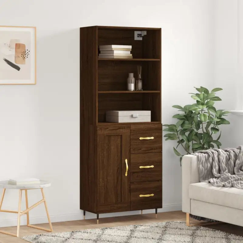 Trendy hoge kast van duurzaam bewerkt hout voor een uniek interieur - bruin eikenkleur / 1 / 1 houten deur 3 lades