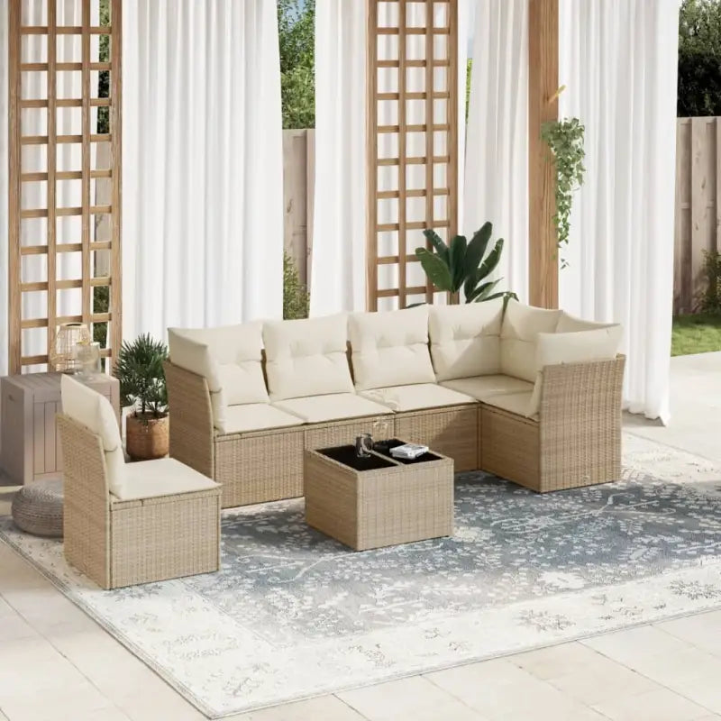 Tuinbank met poly rattan en gepoedercoat staal voor comfortabele zitervaring - beige en crèmekleurig / Met tafel