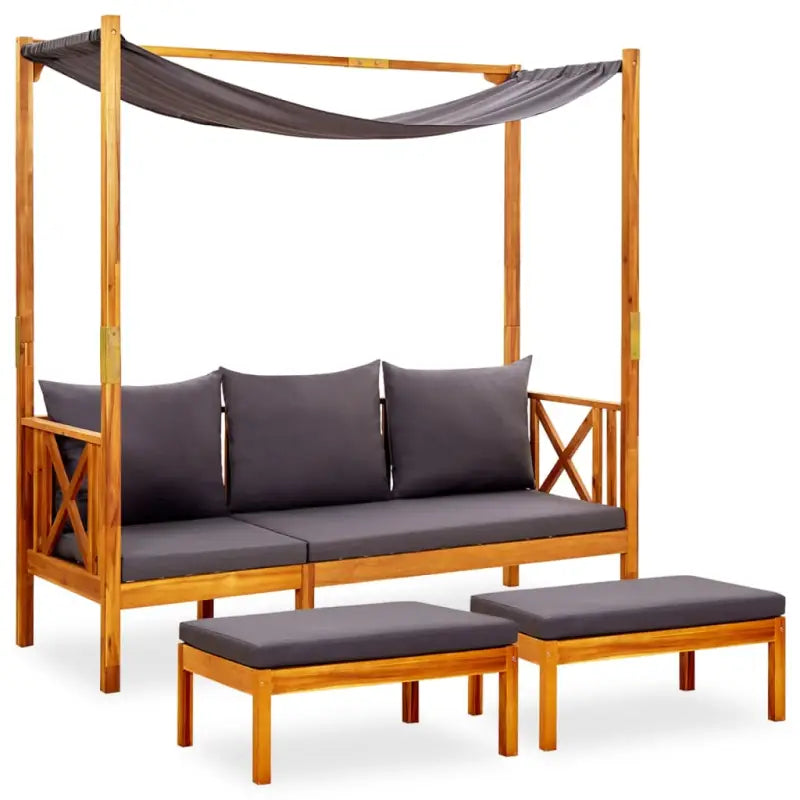 Tuinbanken van massief acaciahout met voetenbankjes en kussens - Donkergrijs / 1 / Zonder tafel - Tuinbanken