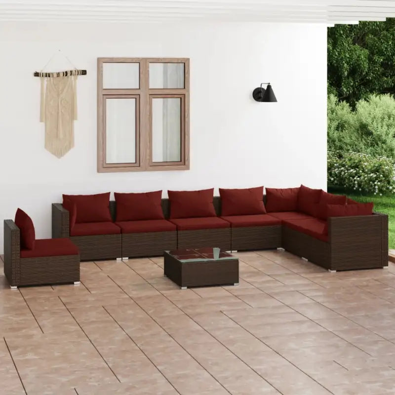 Tuinset met comfortabele zitkussens en optimale diepte zitting - Bruin en kaneelrood / 3x hoek + 5x midden + Tafel