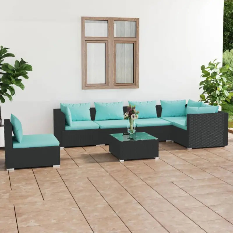 Tuinset met comfortabele zitkussens en optimale diepte zitting - Zwart en waterblauw / 3x hoek + 3x midden + Tafel