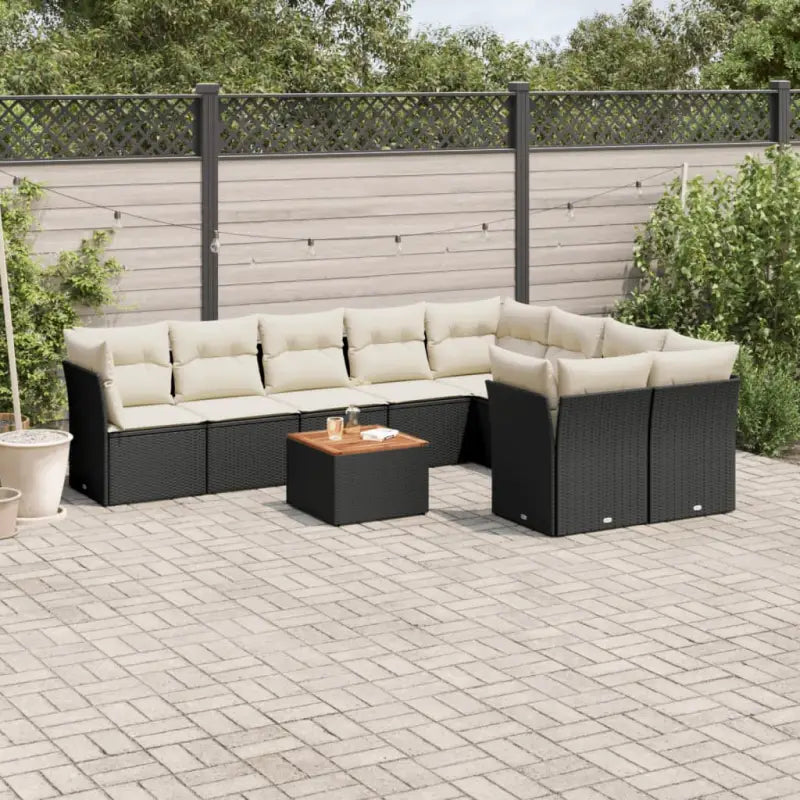 Tuinset met poly rattan en gepoedercoat staal voor buitenplezier - Zwart en crème / 4x hoek + 5x midden + Tafel