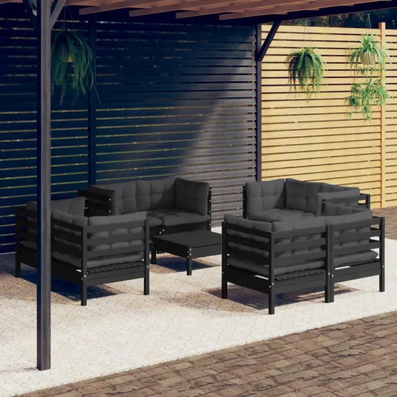 Tuinset van massief grenenhout met voetenbank en rugzijkussens - Zwart - Tuinsets