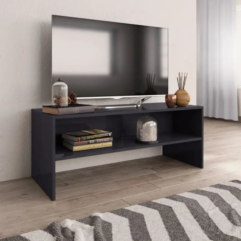 Tv-meubel in vintage stijl met bewerkt hout en open vakken - Hoogglans grijs / 1 - Tv-meubels