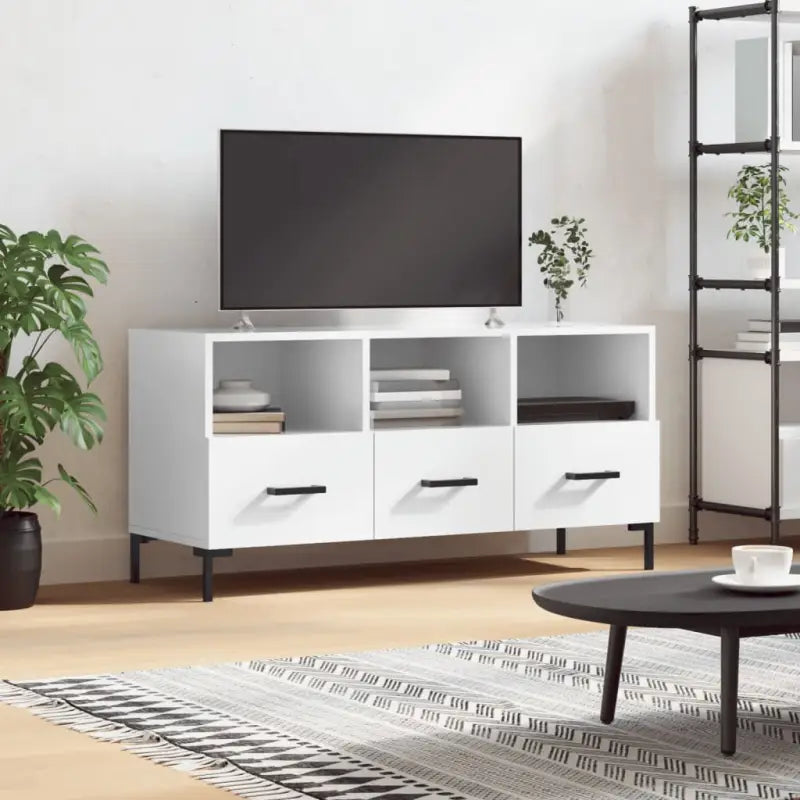 Tv-meubel met bewerkt hout ijzeren poten en hoogglans wit design - Tv-meubels
