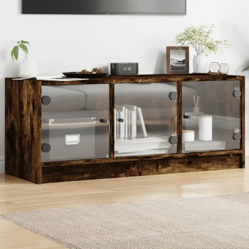Tv-meubel met glazen deuren en bewerkt hout voor een stijlvolle look - Gerookt eiken / 1 - Tv-meubels