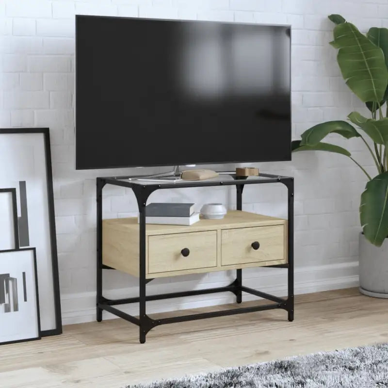 Tv-meubel met metalen frame en glazen blad voor een industrieel interieur - Sonoma eiken / 1 / 60 cm - Tv-meubels