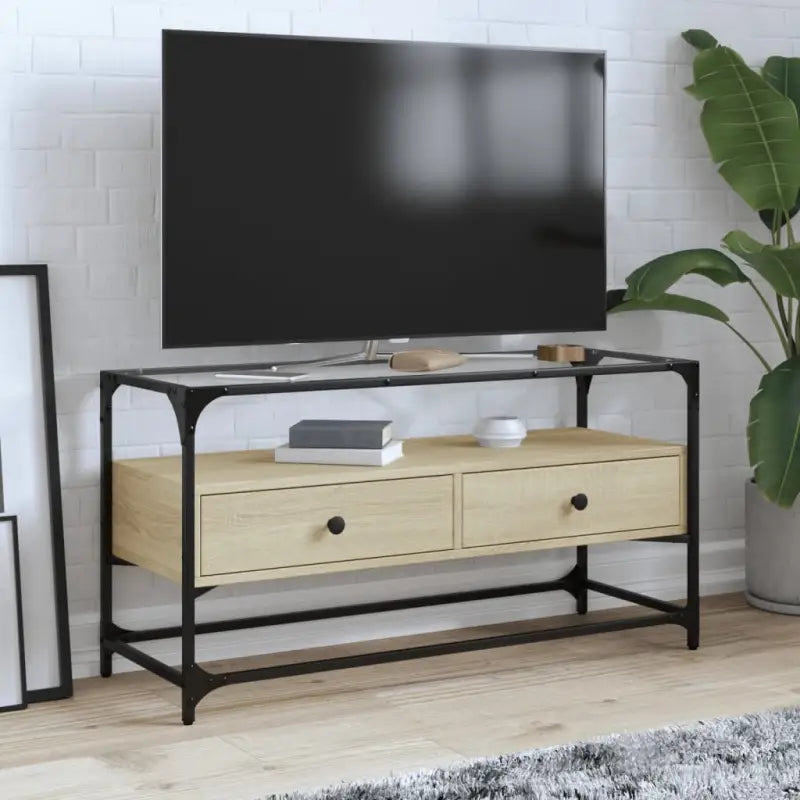 Tv-meubel met metalen frame en glazen blad voor een industrieel interieur - Sonoma eiken / 1 / 98 cm - Tv-meubels