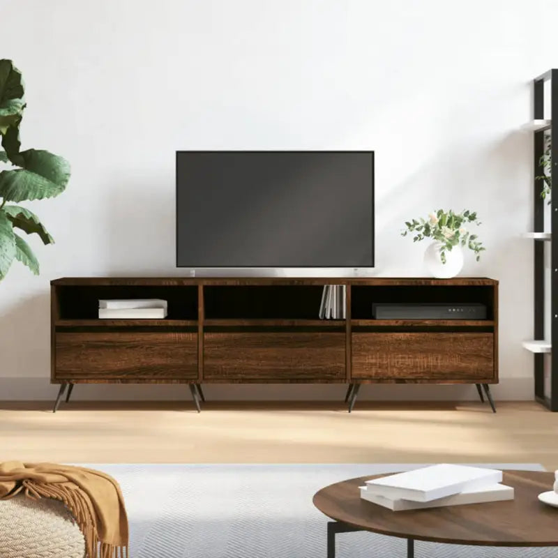 Tv-meubel van bewerkt hout met ijzeren poten en veel opbergruimte - Bruineiken / 1 - Tv-meubels