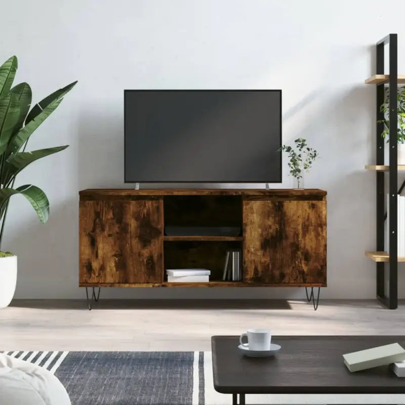 Tv-meubel van bewerkt hout met ijzeren poten en veel opbergruimte - Gerookt eiken / 1 - Tv-meubels