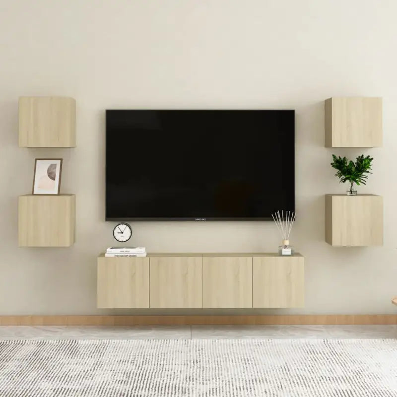 Tv-meubel van bewerkt hout met muurbevestiging en tijdloos design - Tv-meubels