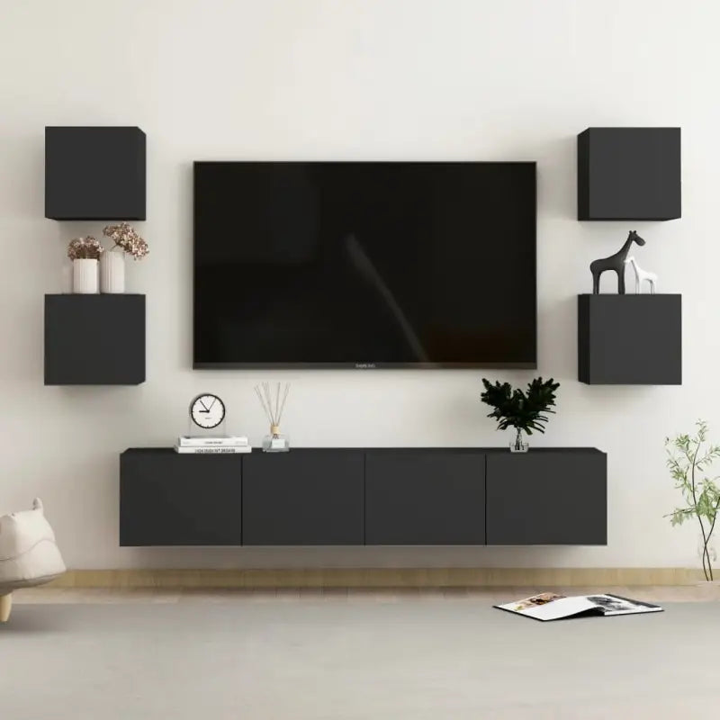 Tv-meubel van bewerkt hout met muurbevestiging en tijdloos design - Zwart / 1 / 160 cm - Tv-meubels