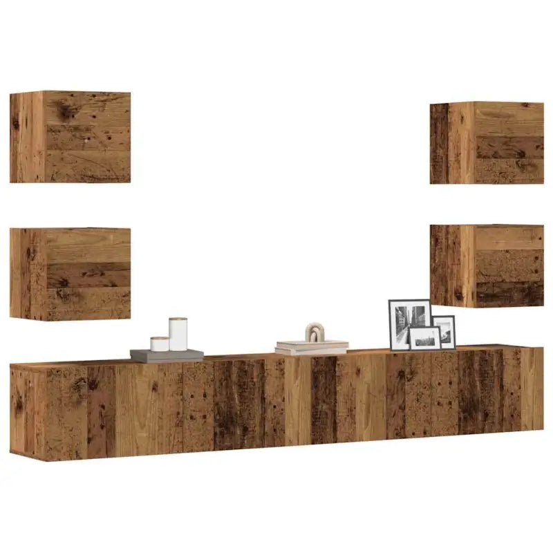Tv-meubel van bewerkt hout met muurbevestiging en tijdloos design - Oud hout / 1 / 200 cm - Tv-meubels