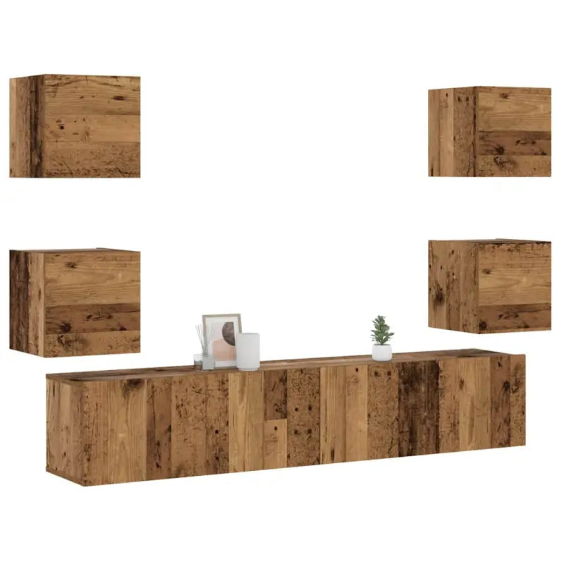 Tv-meubel van bewerkt hout met muurbevestiging en tijdloos design - Oud hout / 1 / 160 cm - Tv-meubels