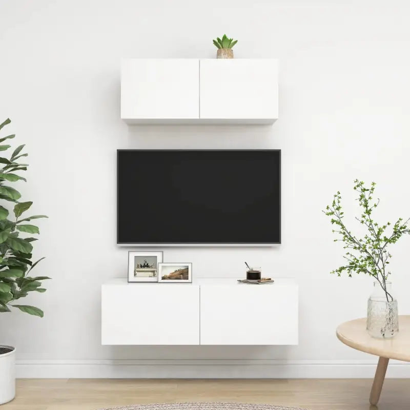 Tv meubel van bewerkt hout met opbergruimte voor een tijdloze uitstraling - Wit / 2 / 80/100 cm - Tv-meubels