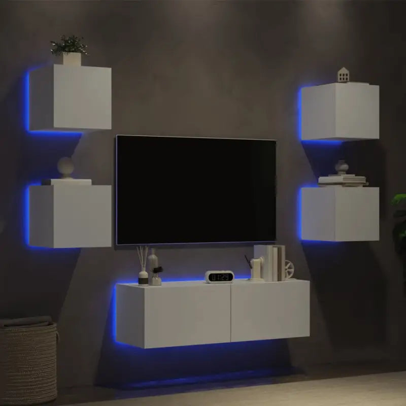 Tv-meubel van bewerkt hout met RGB LED-verlichting in gerookt eiken - Wit / 1 - Tv-meubels