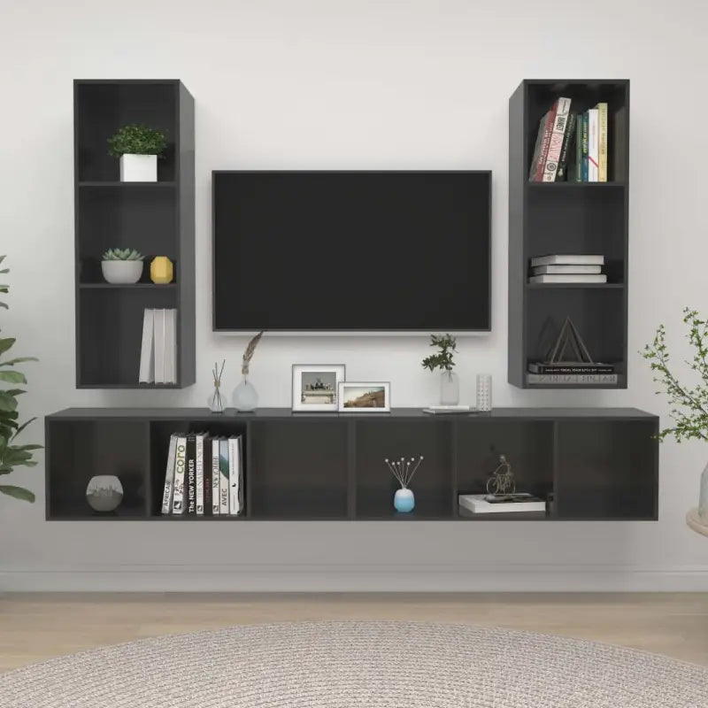 Tv-meubels van bewerkt hout met opbergruimte en muurbevestiging - Hoogglans grijs / 4 - Tv-meubels
