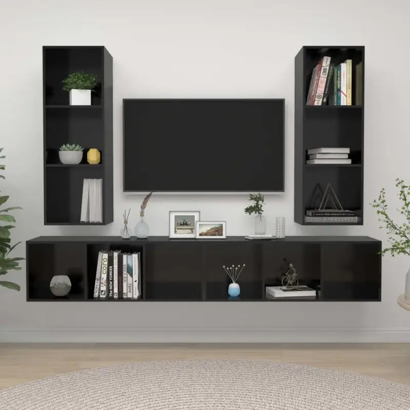 Tv-meubels van bewerkt hout met opbergruimte en muurbevestiging - Hoogglans zwart / 4 - Tv-meubels