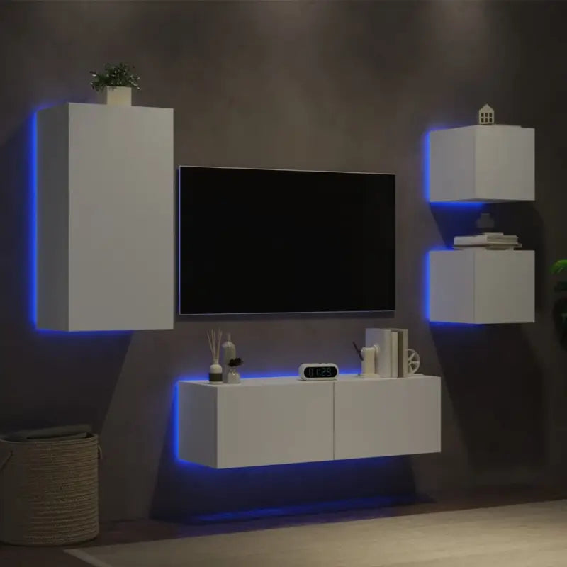 Tv-meubels van bewerkt hout met RGB LED-verlichting in gerookt eiken - Wit / 1 - Tv-meubels