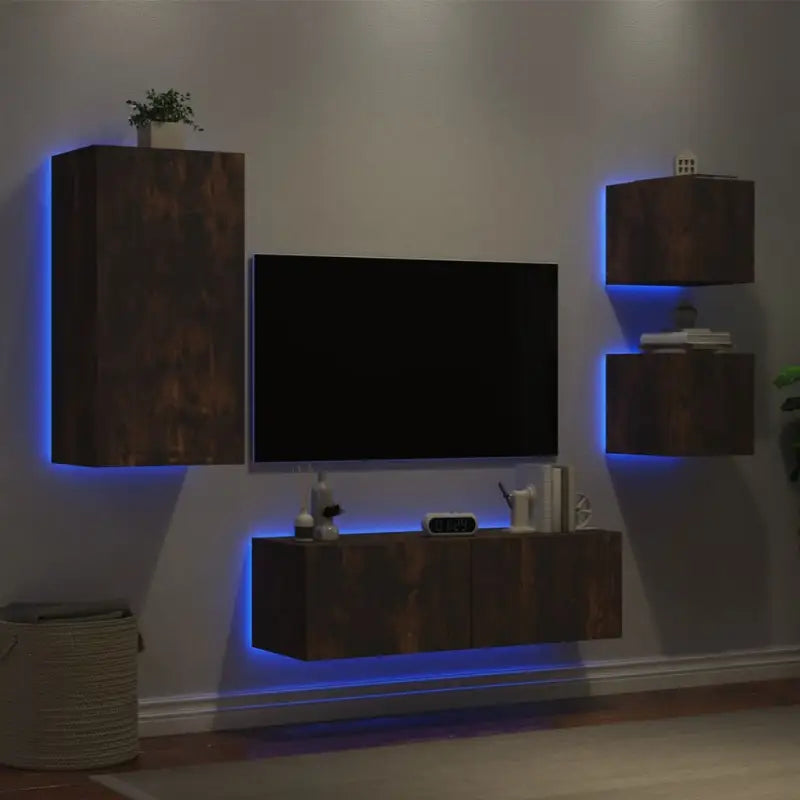 Tv-meubels van bewerkt hout met RGB LED-verlichting in gerookt eiken - Gerookt eiken / 1 - Tv-meubels