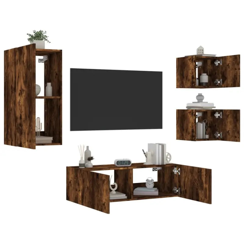 Tv-meubels van bewerkt hout met RGB LED-verlichting in gerookt eiken - Tv-meubels