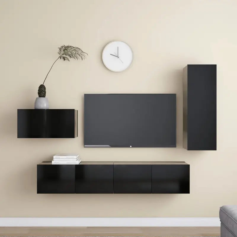 Tv-meubelset in bewerkt hout met opbergruimte en muurbevestiging - Zwart / 1 / 90 cm - Tv-meubels