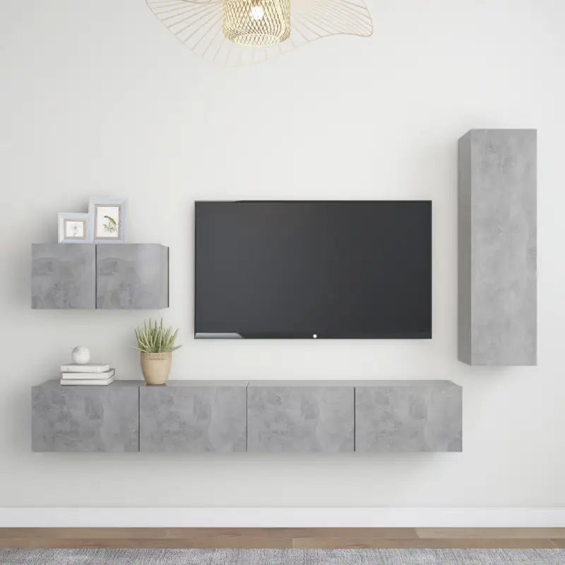 Tv-meubelset in bewerkt hout met opbergruimte en muurbevestiging - Betongrijs / 1 / 110 cm - Tv-meubels