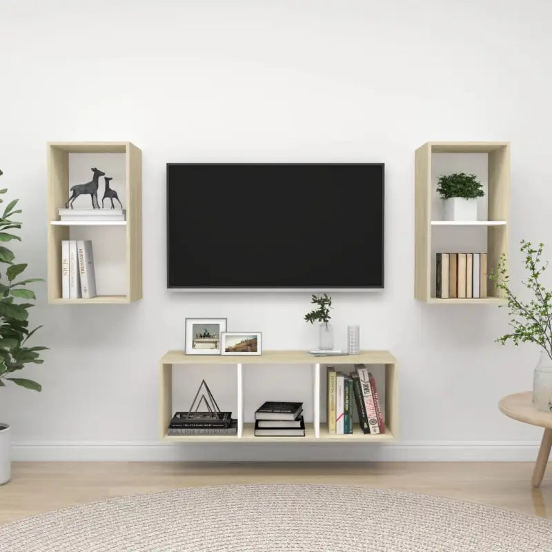 Tv-Meubelset Met Opbergruimte en Wandmontage - Wit en sonoma eiken / 1 - Tv-meubels