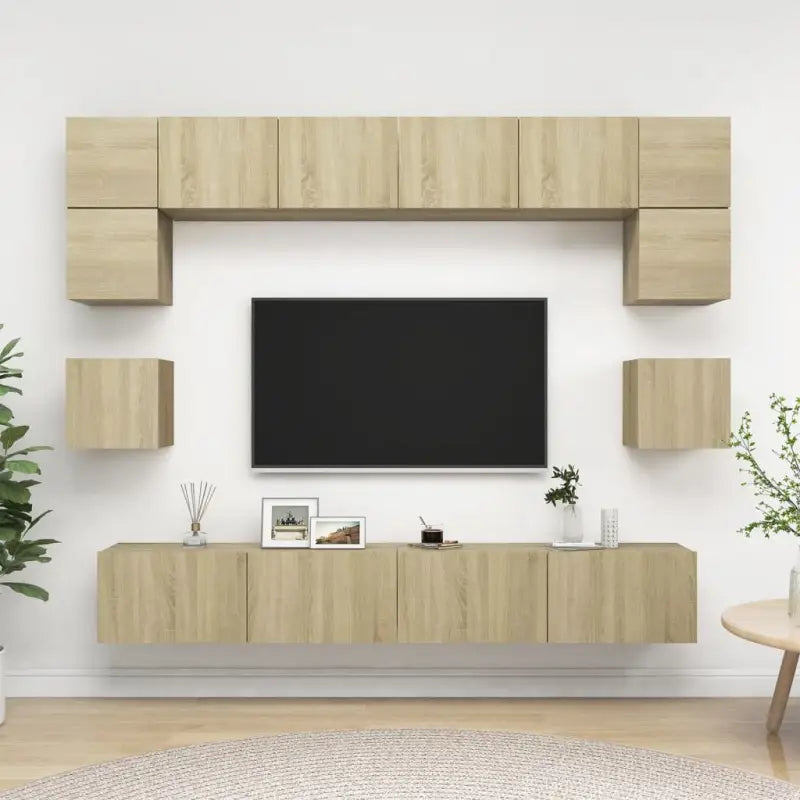 Tv-meubelset van bewerkt hout met opbergruimte en muurbevestiging - Sonoma eiken / 1 / 100 cm - Tv-meubels