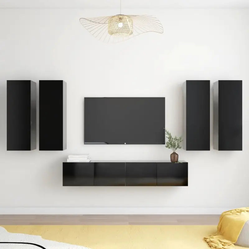 Tv-meubelset van bewerkt hout met opbergruimte en muurbevestiging - Zwart / 6 / 90 cm - Tv-meubels