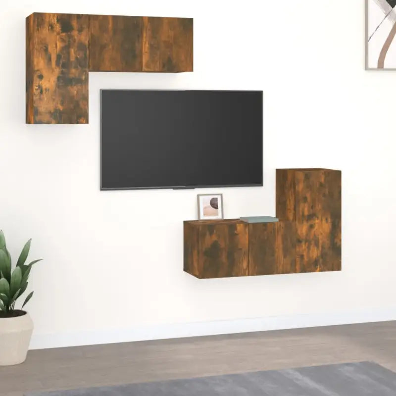 Tv-meubelset van bewerkt hout met opbergruimte en wandmontage - Gerookt eiken / 4 / 60 cm - Tv-meubels