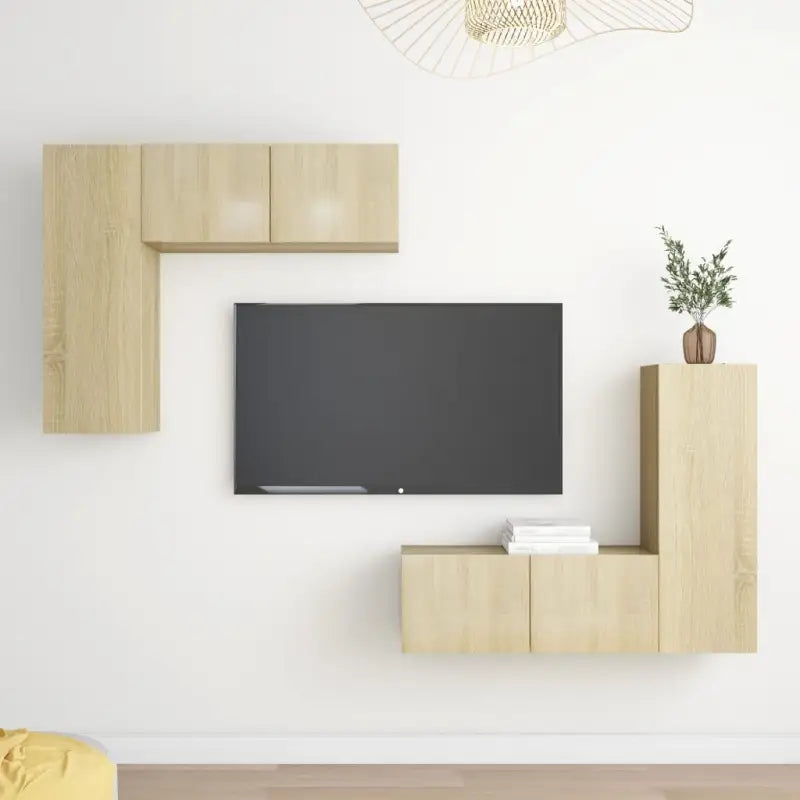 Tv-meubelset van bewerkt hout met opbergruimte en wandmontage - Sonoma eiken / 4 / 80 cm - Tv-meubels