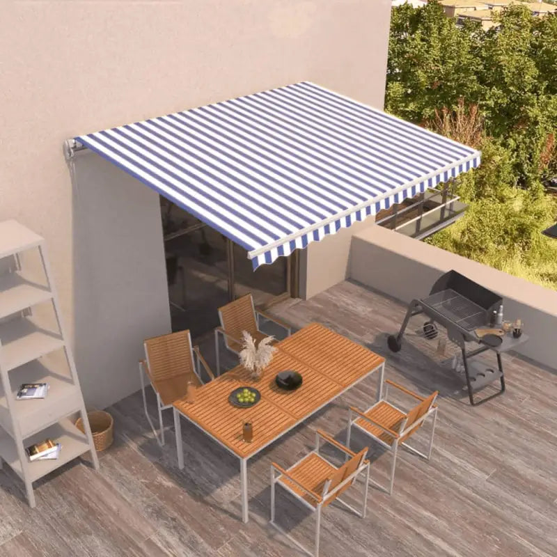 Uitschuifbare luifel met gepoedercoat aluminium voor koelte in je tuin - Blauw en wit / 450 x 350 cm / 1 - Zonwering