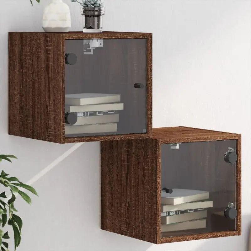 Wandgemonteerd nachtkastje met glazen deur en stabiel blad - bruin eikenkleur / 2 - Nachtkastjes