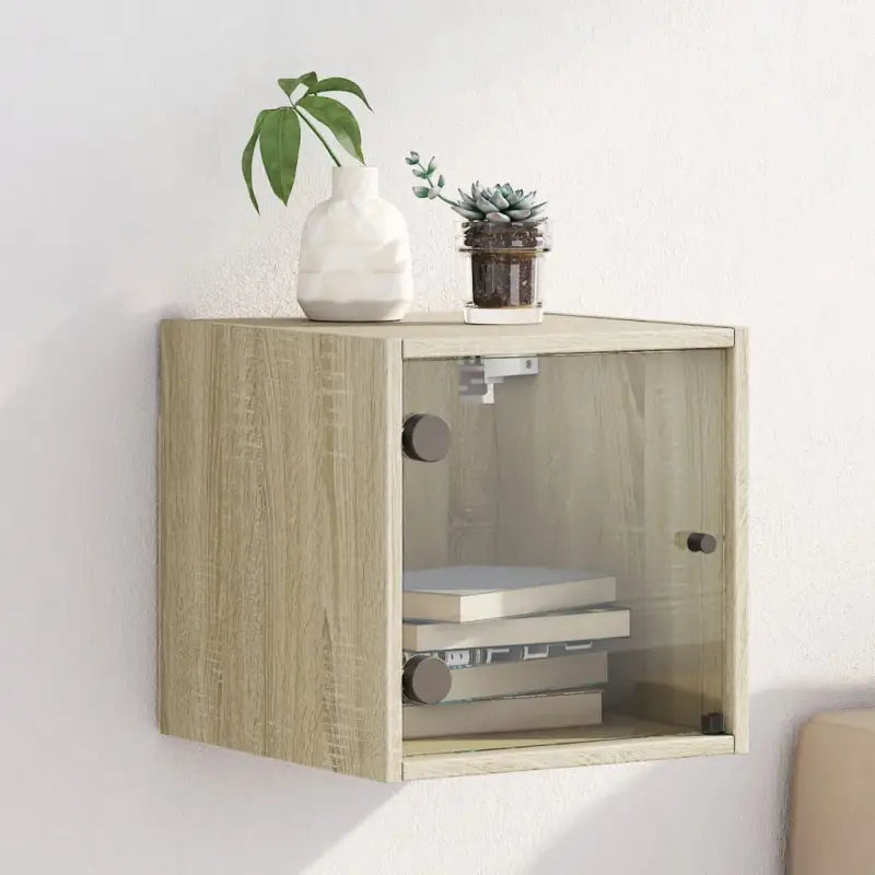 Wandgemonteerd nachtkastje met glazen deur en stabiel blad - Sonoma eiken / 1 - Nachtkastjes