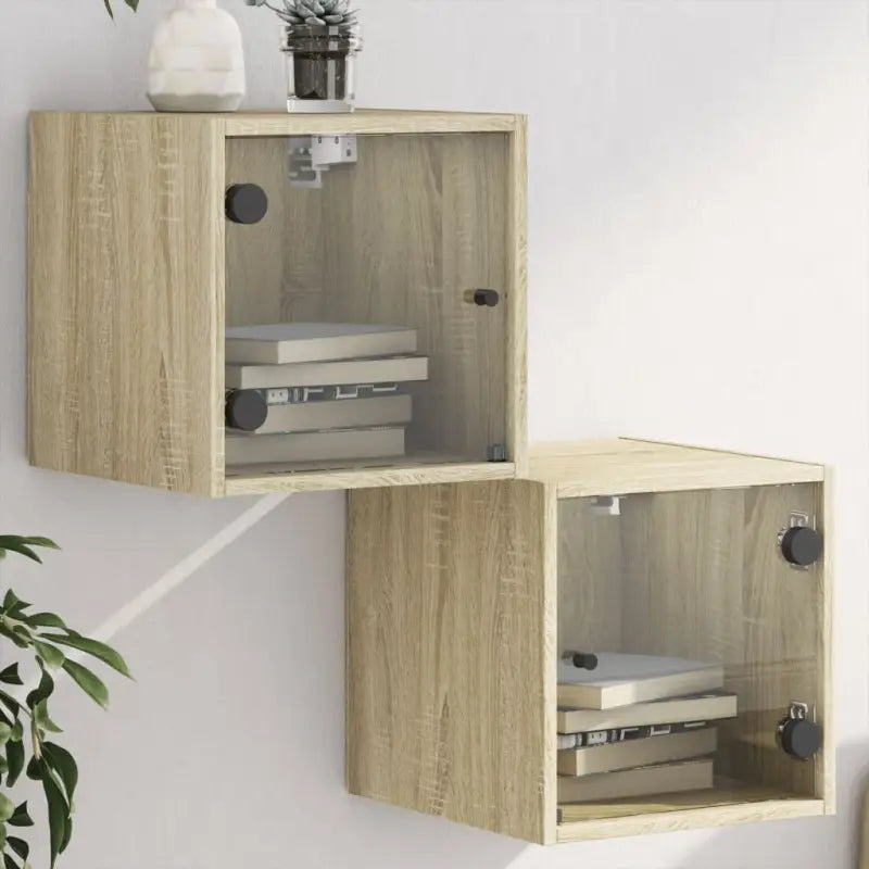 Wandgemonteerd nachtkastje met glazen deur en stabiel blad - Sonoma eiken / 2 - Nachtkastjes