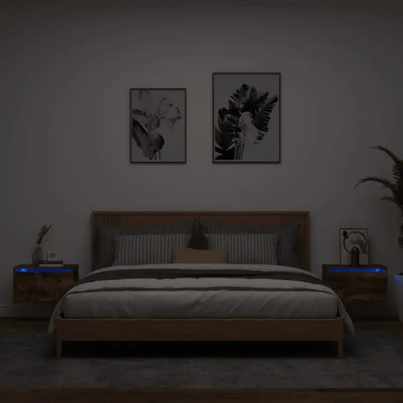 Wandgemonteerde nachtkastje in bewerkt hout met LED-verlichting - Gerookt eiken / 2 - Nachtkastjes