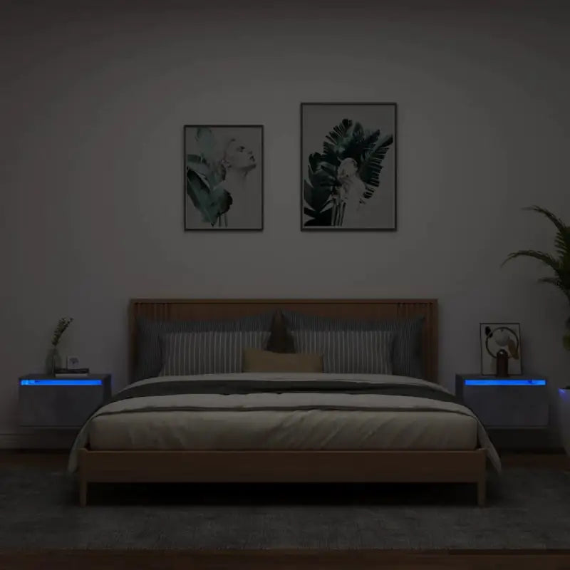 Wandgemonteerde nachtkastje in bewerkt hout met LED-verlichting - Betongrijs / 2 - Nachtkastjes