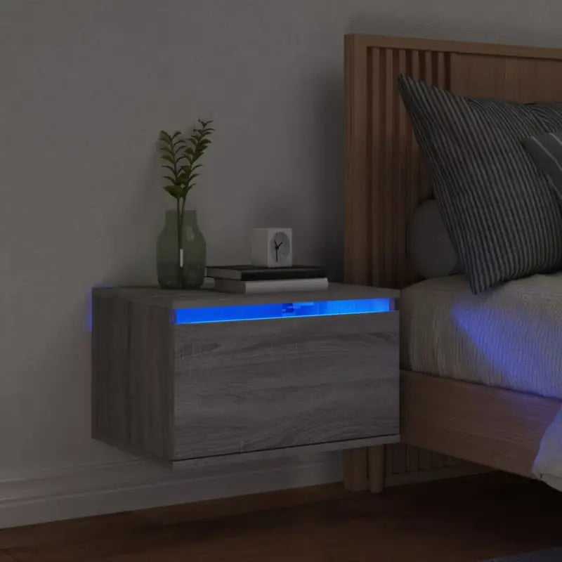 Wandgemonteerde nachtkastje in bewerkt hout met LED-verlichting - Grijs sonoma / 1 - Nachtkastjes